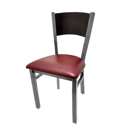 Dining chair with black stain seat back and wine vinyl seat.