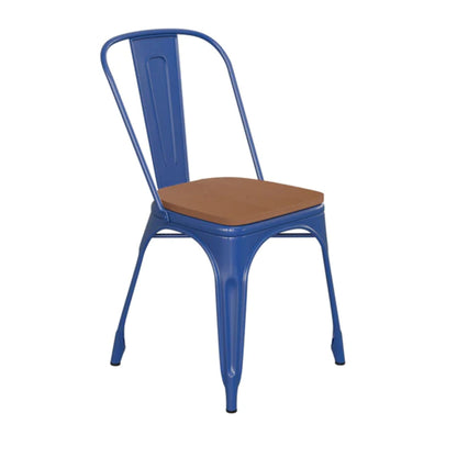 Blue powder-coated metal stackable chair with teak-color polystyrene seat for commercial or home use.