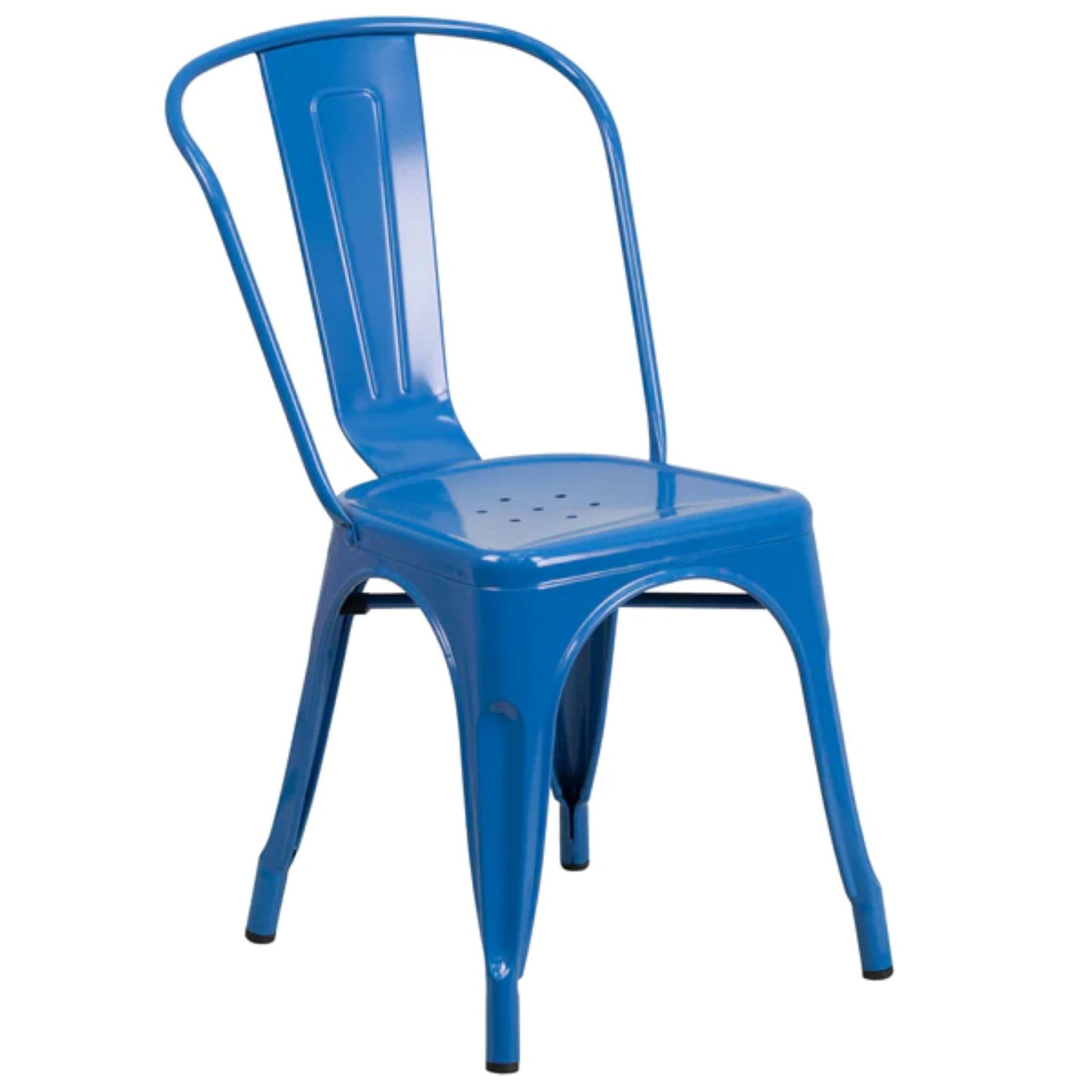 Blue metal indoor–outdoor stackable dining chair with glossy finish and slatted back design.