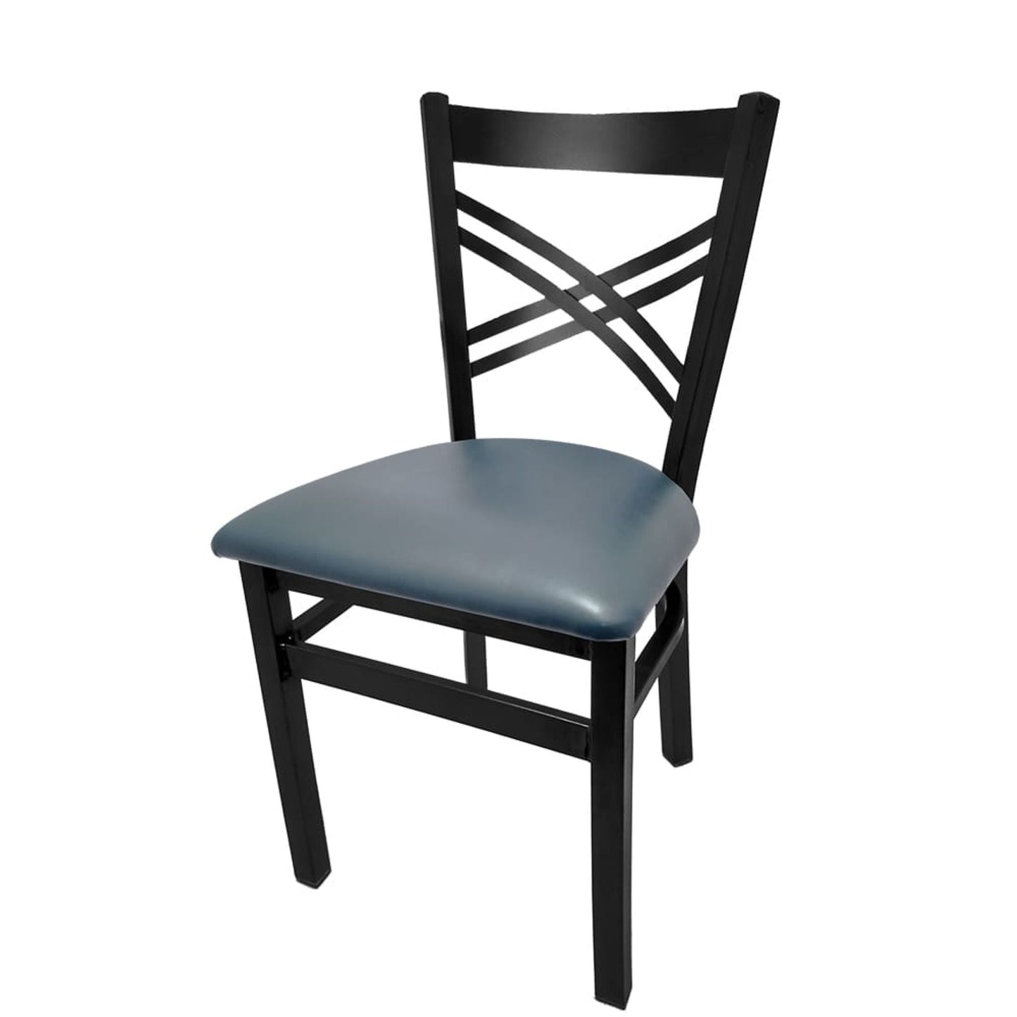 Crossback steel dining chair with black powder-coat frame and Blue Ridge vinyl seat.