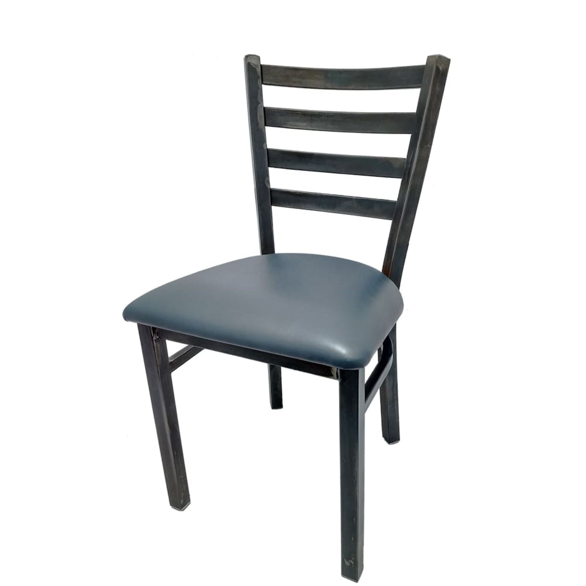 Rustic ladderback metal dining chair with clear coat steel frame and Blue Ridge vinyl seat