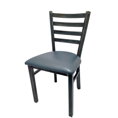 Rustic ladderback metal dining chair with clear coat steel frame and Blue Ridge vinyl seat