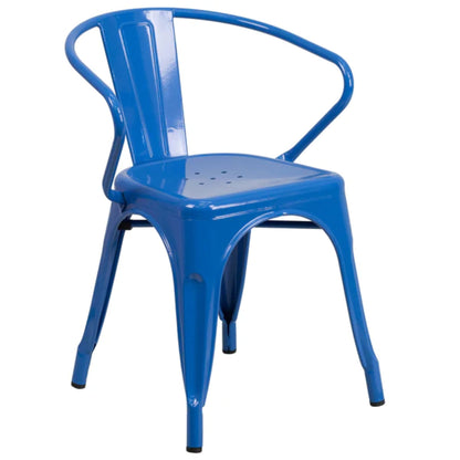 Blue metal indoor-outdoor arm chair featuring a vertical slat back and durable stackable frame.