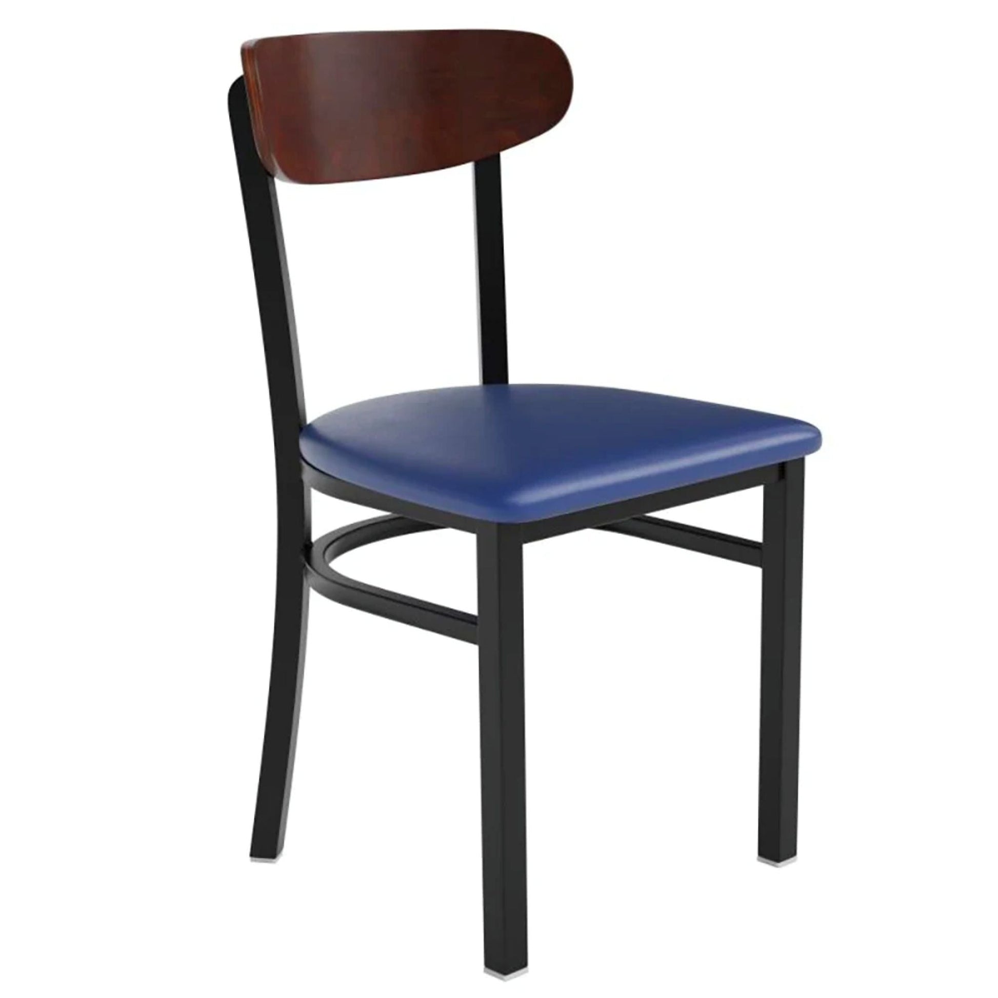 Dining chair with solid back, black steel frame, walnut wood backrest, and blue vinyl seat shown from the front