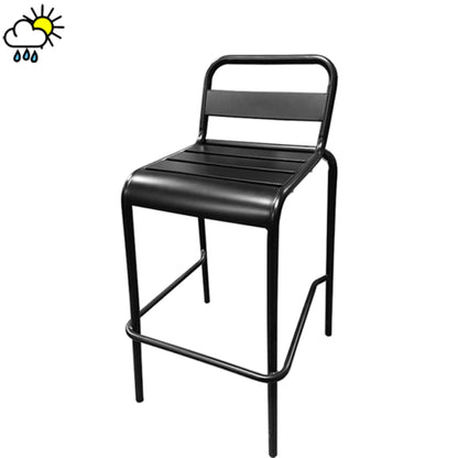 Boardwalk outdoor barstool with matte black pressed steel frame and horizontal metal slat seat and back