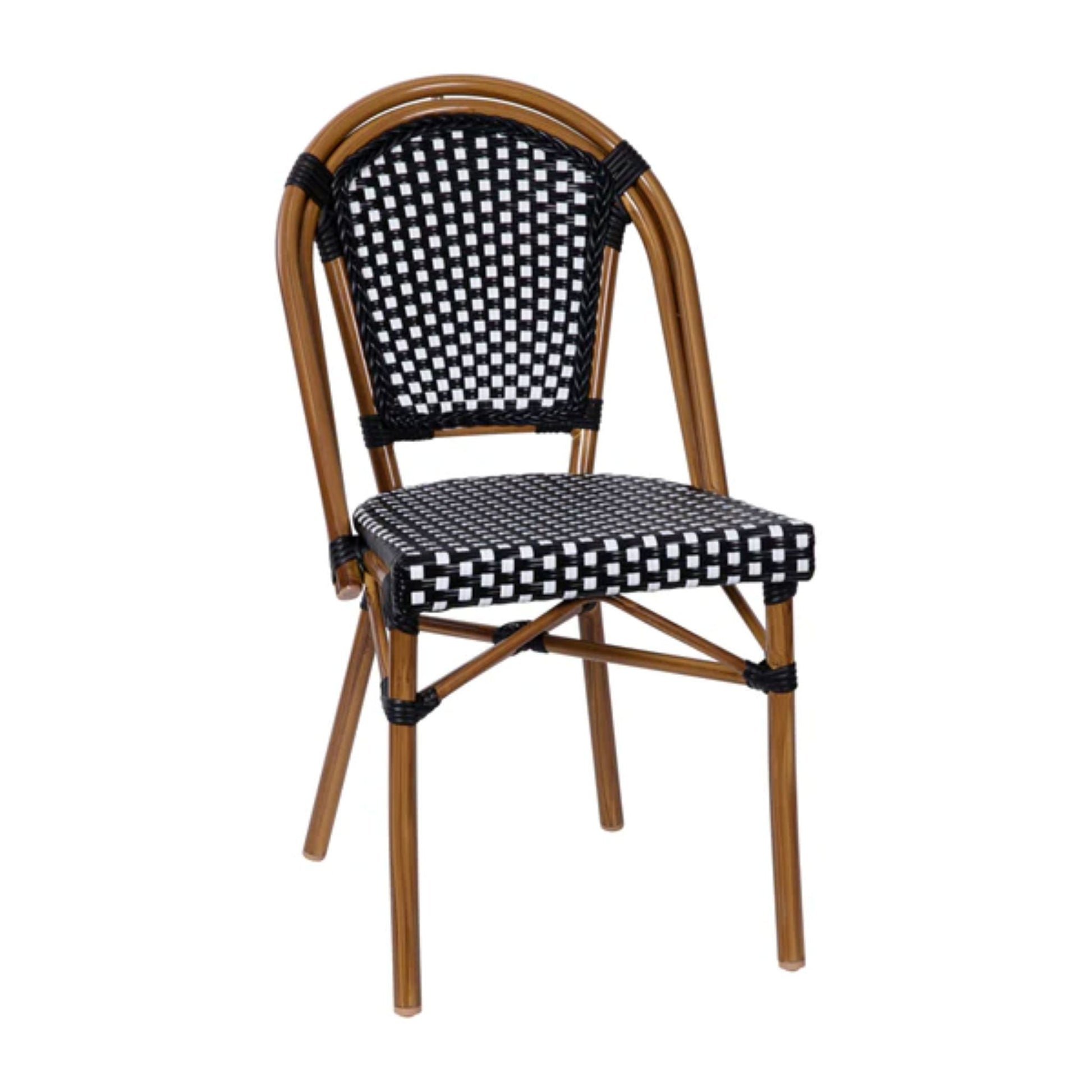 Front view of black-and-white PE rattan bistro chair with bamboo-print aluminum frame for indoor/outdoor use.