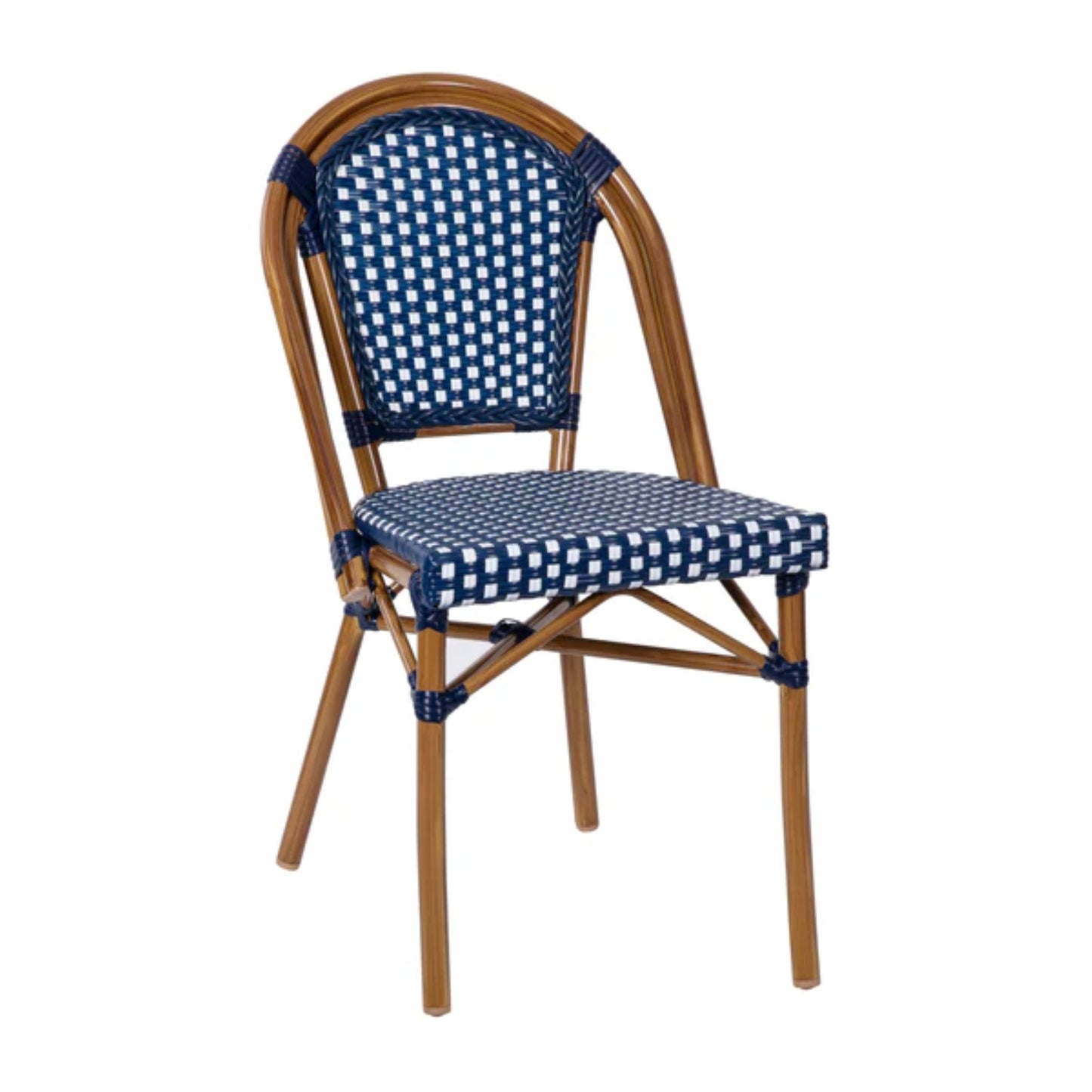 Front view of navy-and-white PE rattan bistro chair with bamboo-print aluminum frame for indoor/outdoor commercial seating.