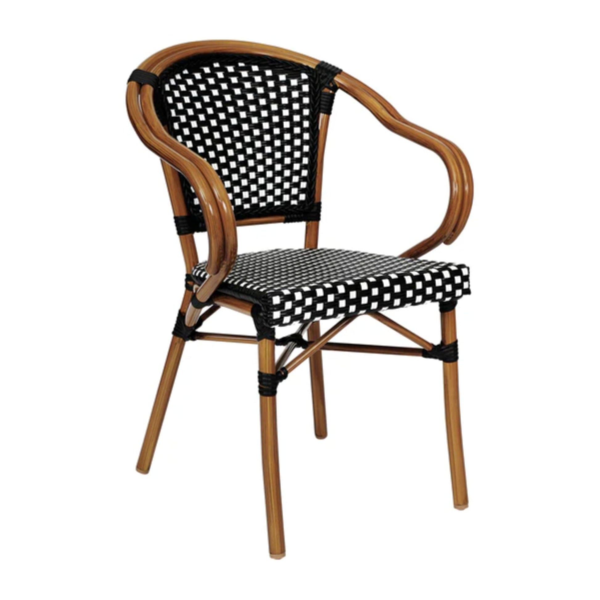 Black and white PE rattan bistro chair with arms and bamboo-print metal frame, shown from the front