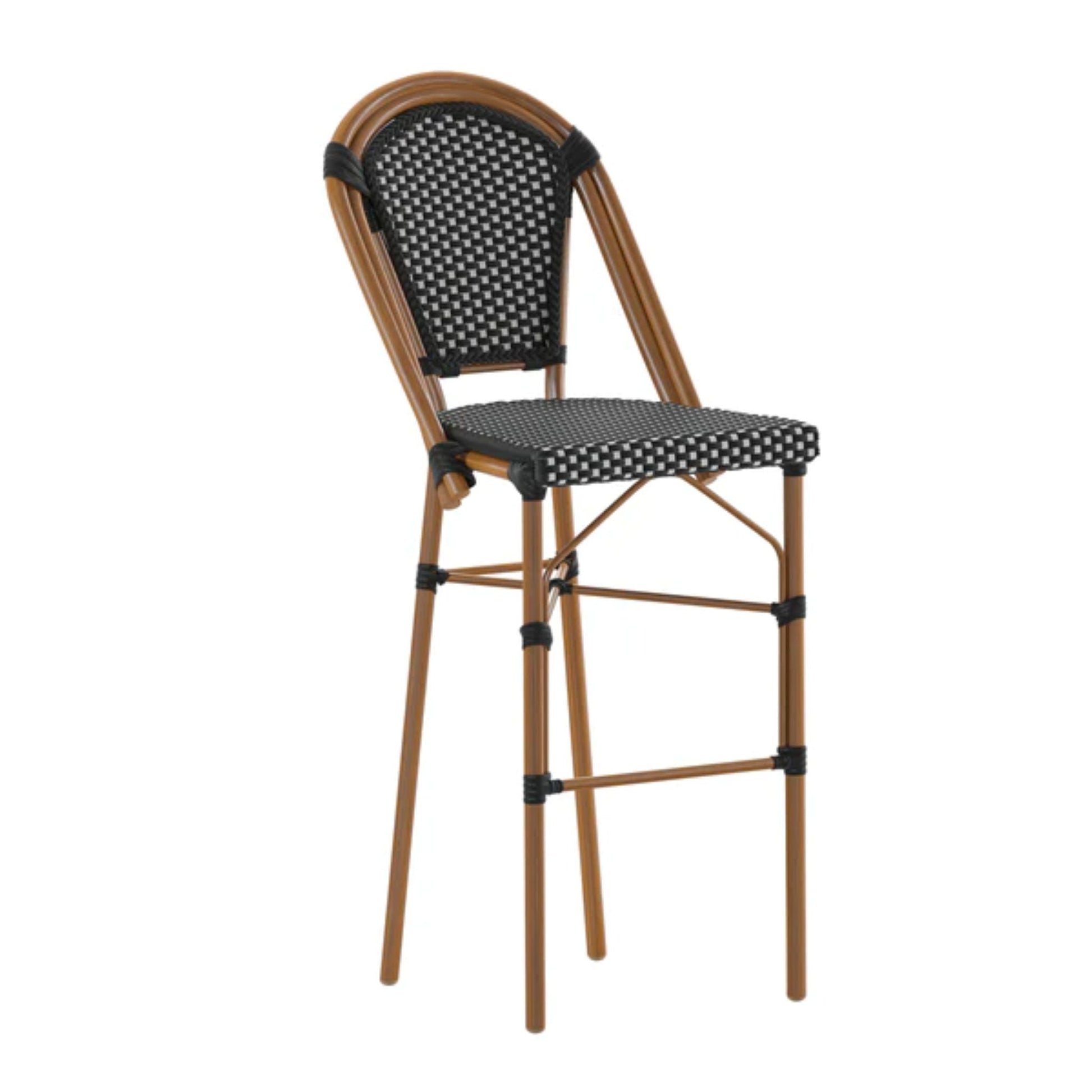 stackable indoor outdoor bistro bar stool with black and white woven rattan seat and bamboo-print frame