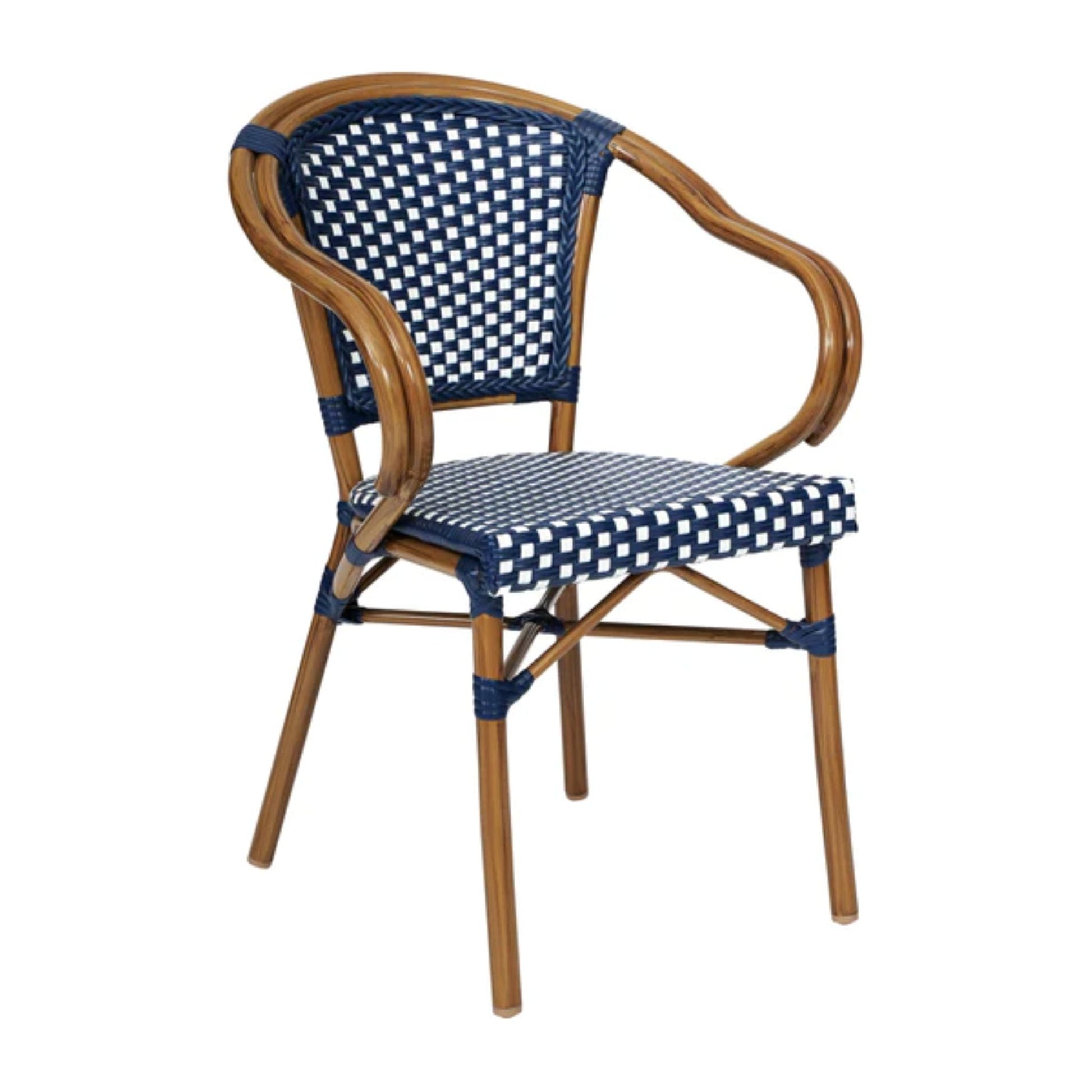 Navy and white PE rattan bistro chair with arms and bamboo-print metal frame, shown from the front.