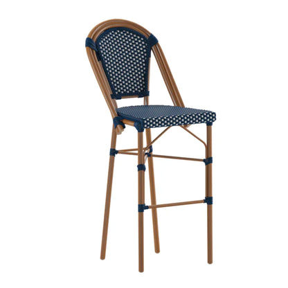 Stackable indoor outdoor bistro bar stool with navy and white woven rattan seat and bamboo-print frame