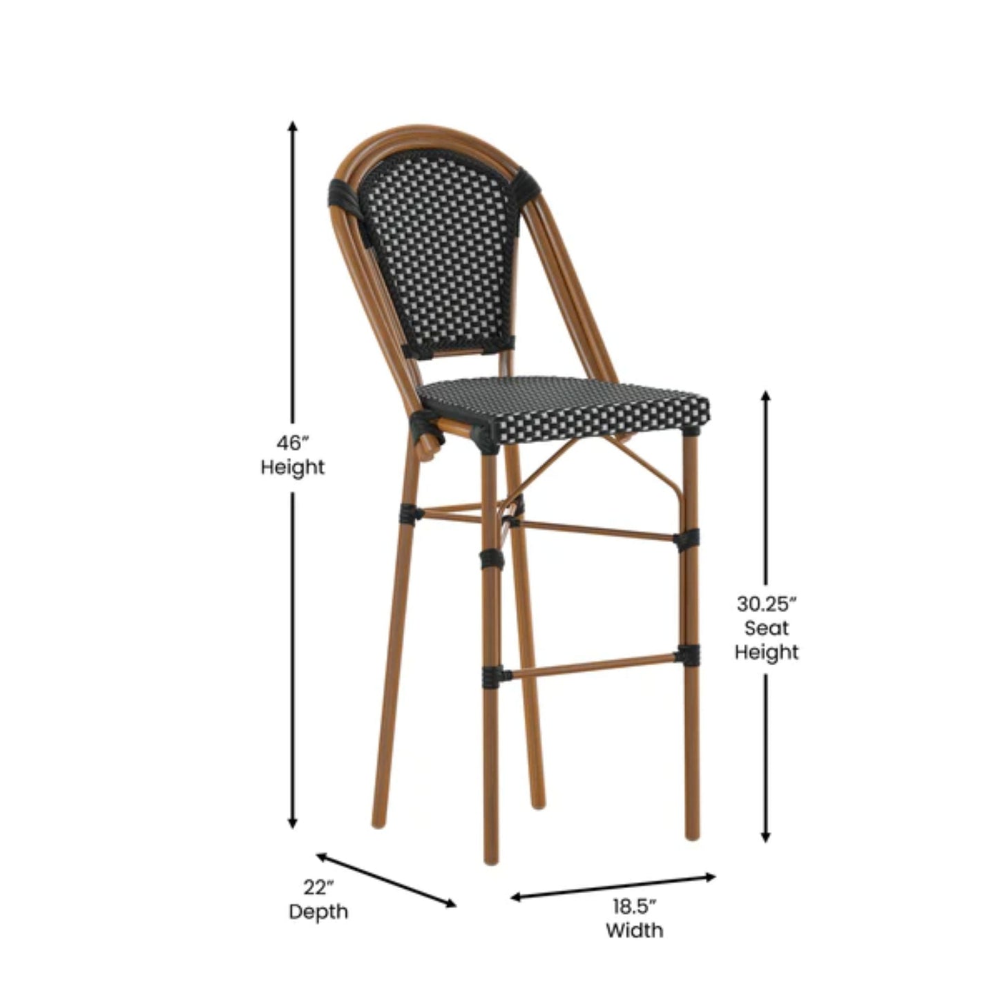 Bordeaux commercial bistro 30-inch bar height stool with black and white PE rattan seat and back with dimensions