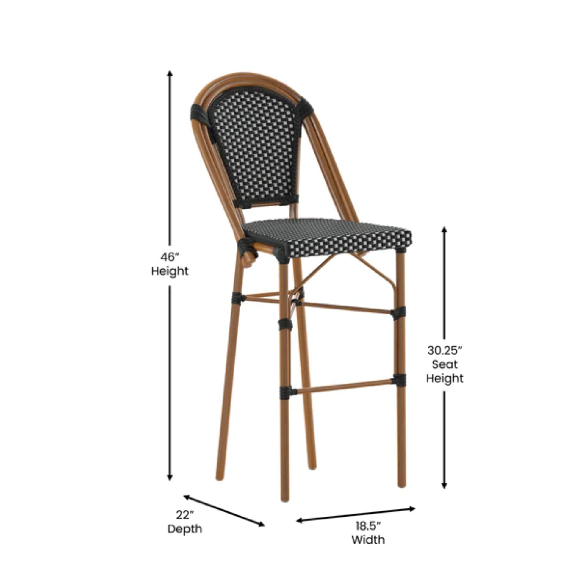 Bordeaux commercial bistro 30-inch bar height stool with black and white PE rattan seat and back with dimensions