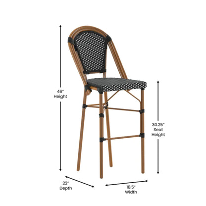 Bordeaux commercial bistro 30-inch bar height stool with black and white PE rattan seat and back with dimensions