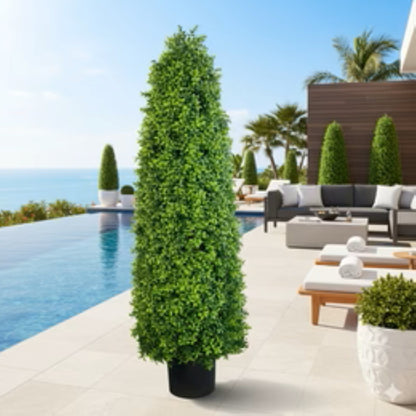 bright green artificial buxus in black pot