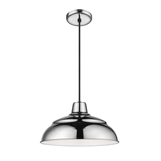 Industrial pendant light in a bright nickel finish with a 14-inch aluminum shade and hanging cord, suitable for bars and restaurant interiors.