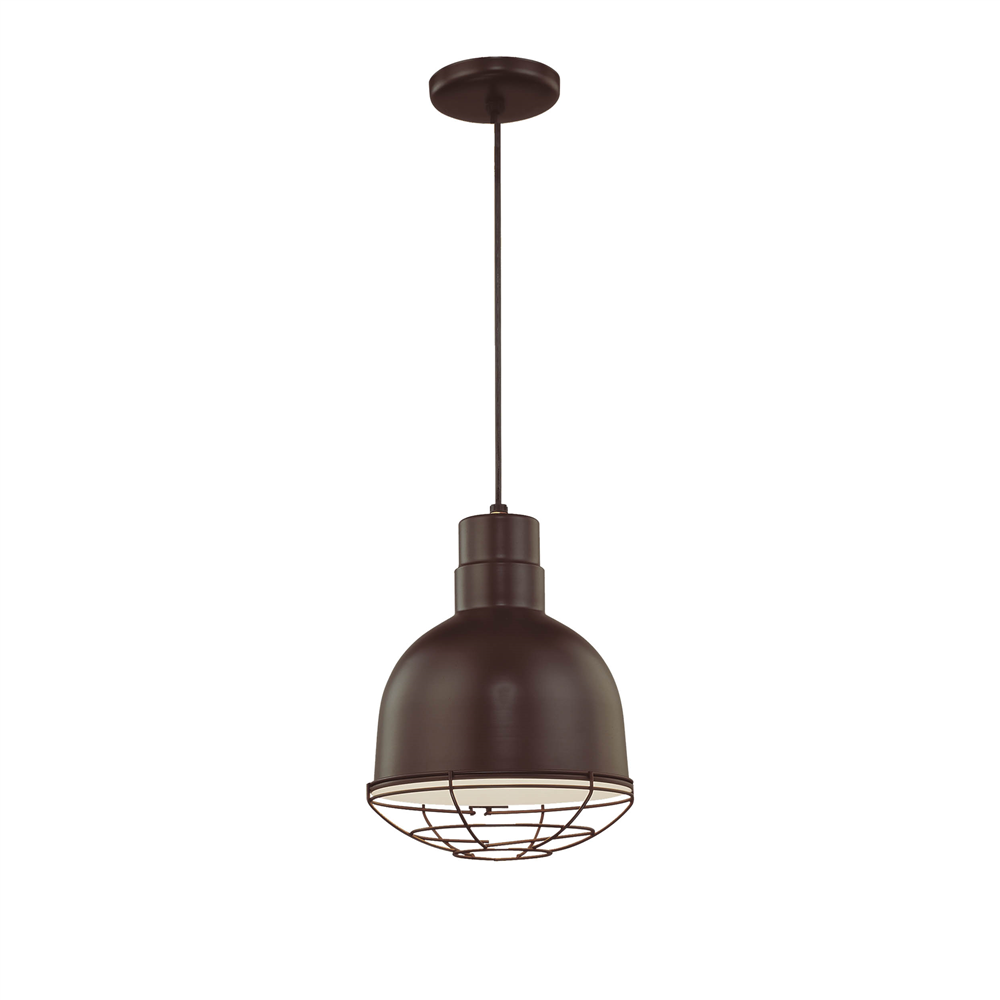 Bronze cone-shaped industrial pendant light with metal wire grill and downward beam, designed for restaurant and bar lighting.