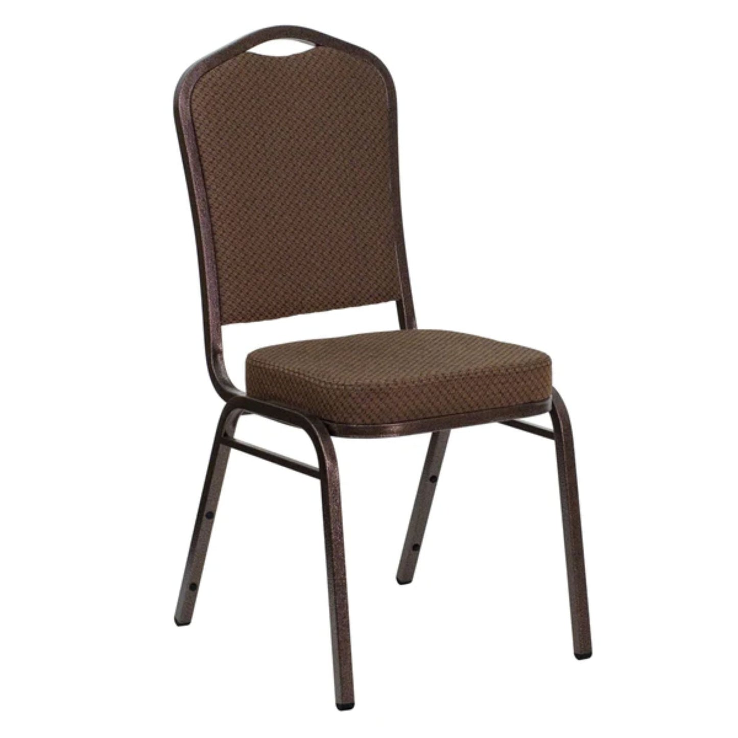 Crown back banquet chair with brown patterned fabric upholstery and a copper steel frame.