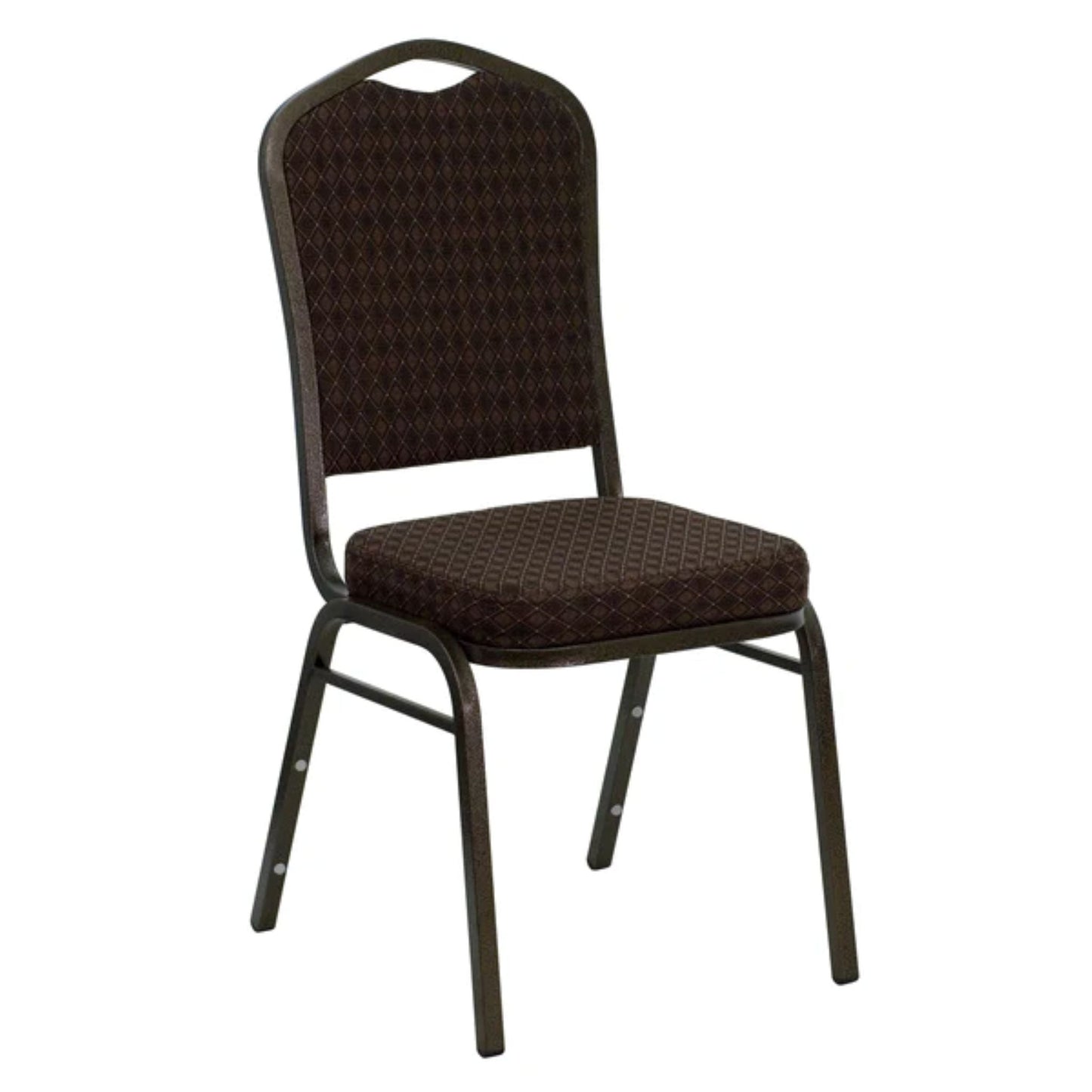 Crown back banquet chair with brown patterned fabric upholstery and a gold steel frame.