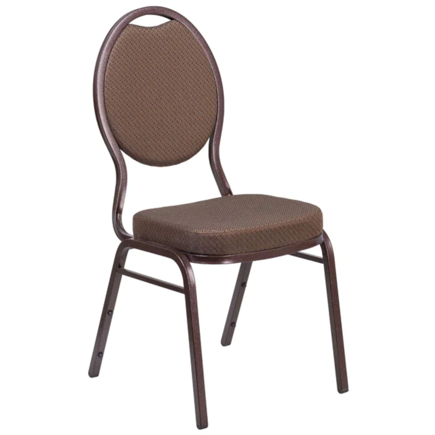 Front view of teardrop back banquet chair with brown patterned fabric upholstery and copper metal frame