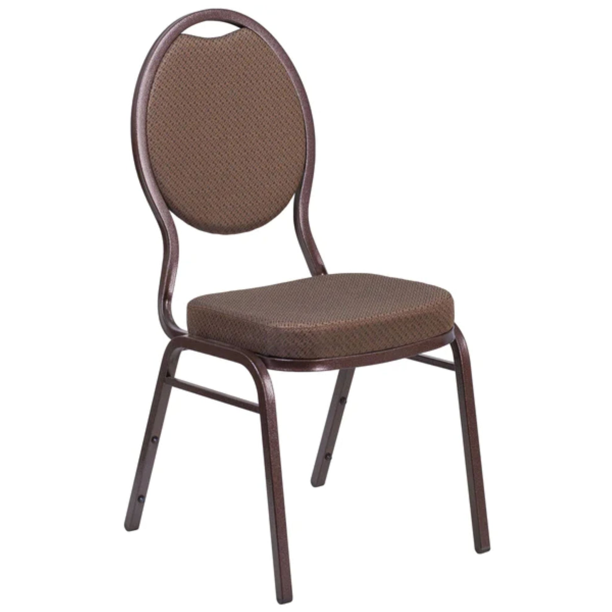 Front view of teardrop back banquet chair with brown patterned fabric upholstery and copper metal frame