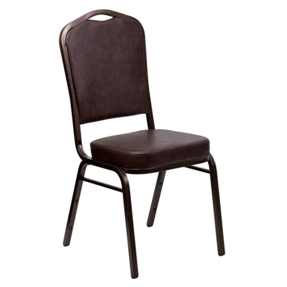 Crown back banquet chair with brown vinyl upholstery and a copper steel frame