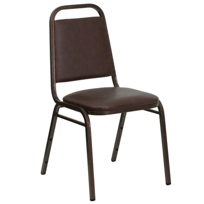 Trapezoidal back banquet chair with brown vinyl upholstery and copper-tone steel frame, front view