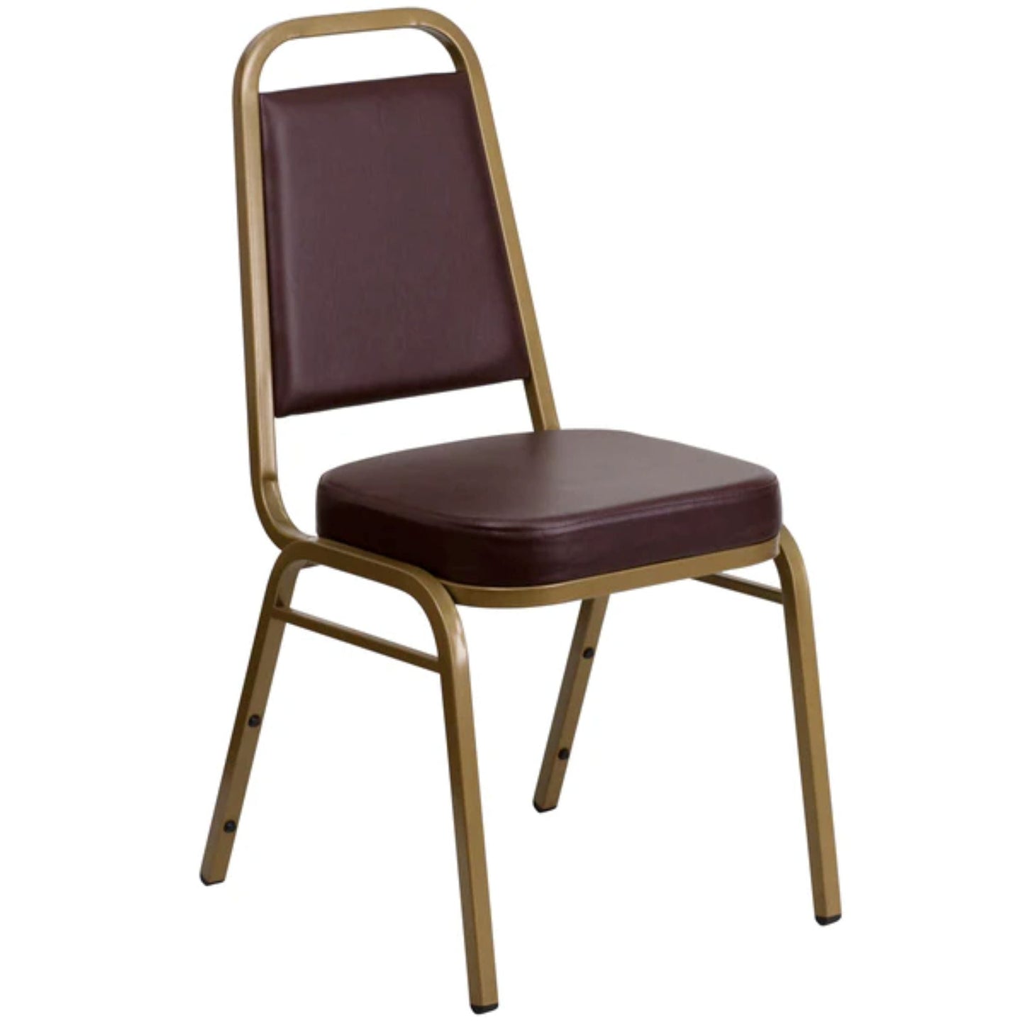 Banquet chair with trapezoidal back, brown vinyl seat and back, and gold steel frame.
