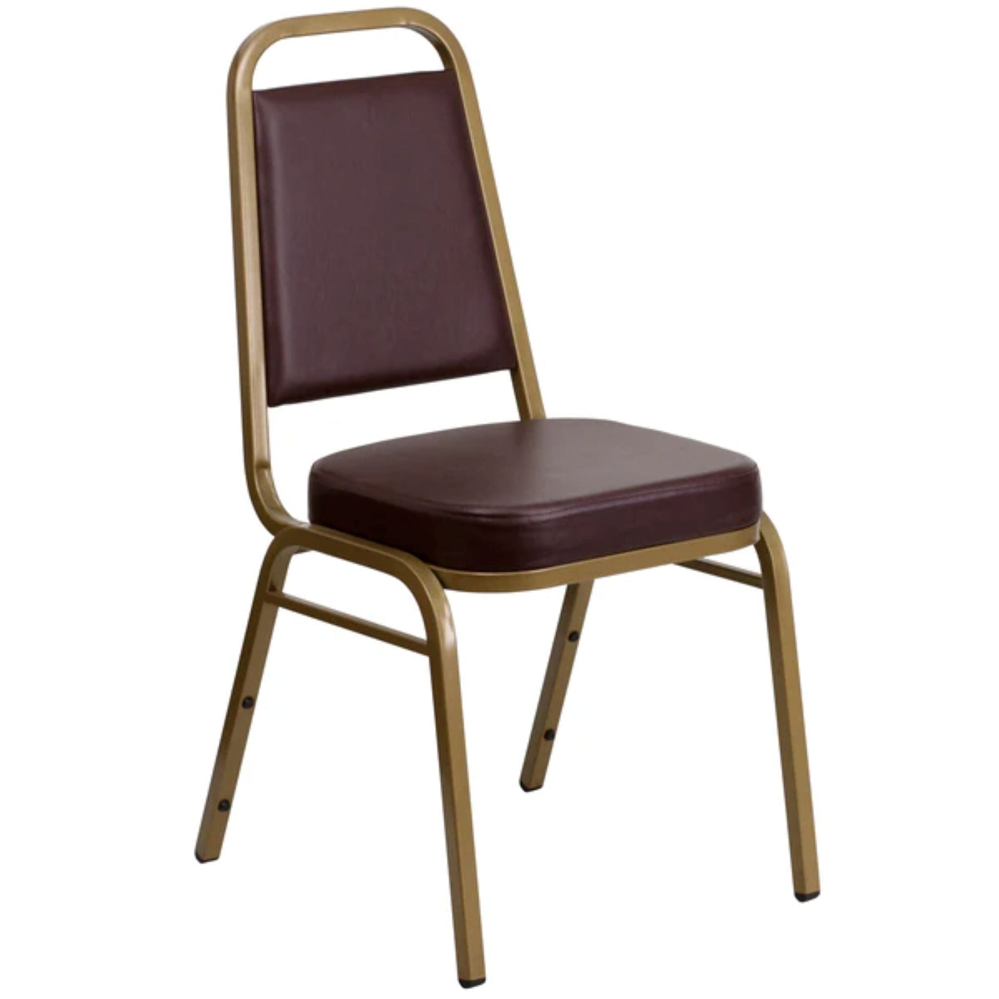 Banquet chair with trapezoidal back, brown vinyl seat and back, and gold steel frame.