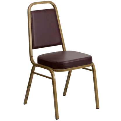 Banquet chair with trapezoidal back, brown vinyl seat and back, and gold steel frame.