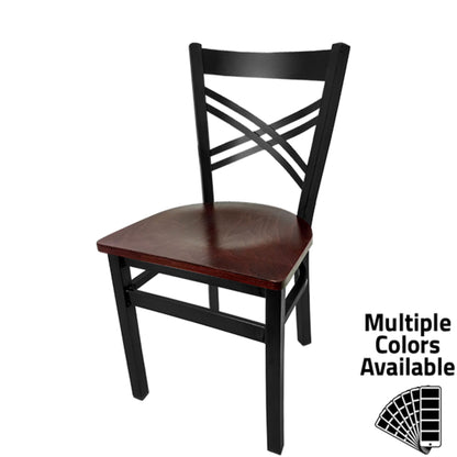 Crossback dining chair with black powder-coated steel frame and mahogany stained solid wood seat.