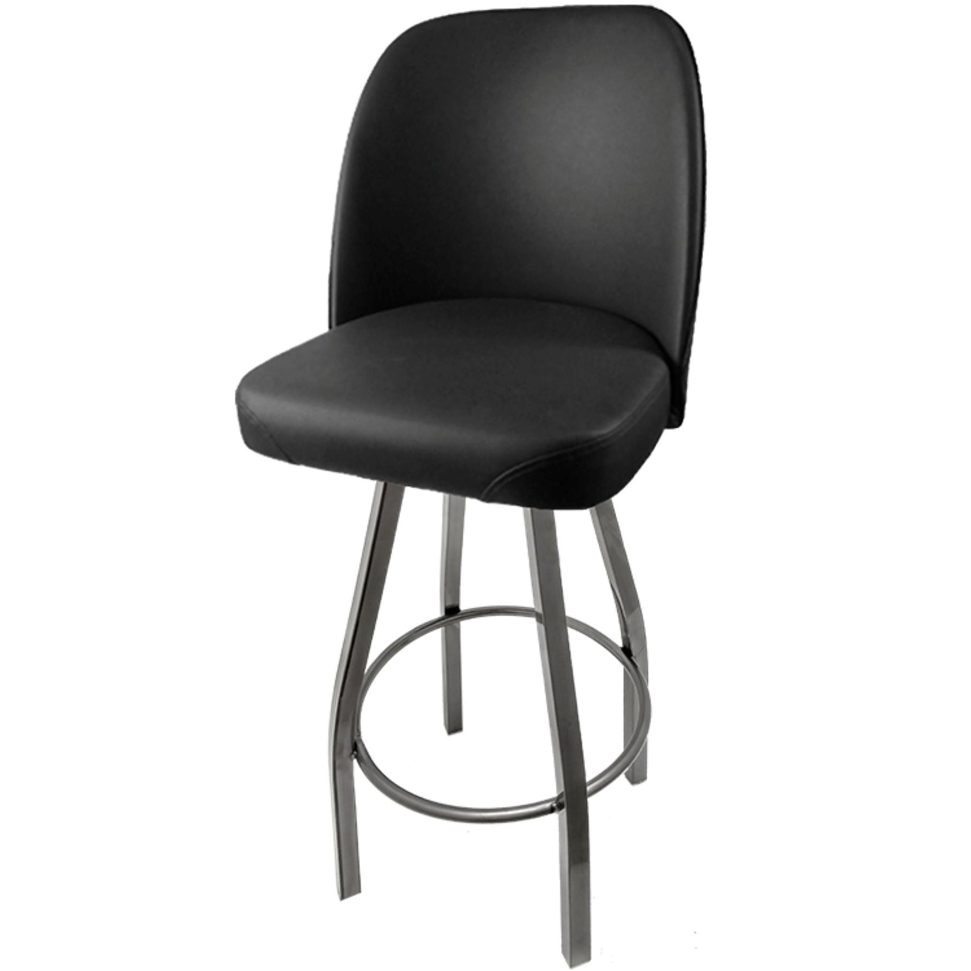 Standard bucket barstool with clear coat swivel frame and black vinyl seat