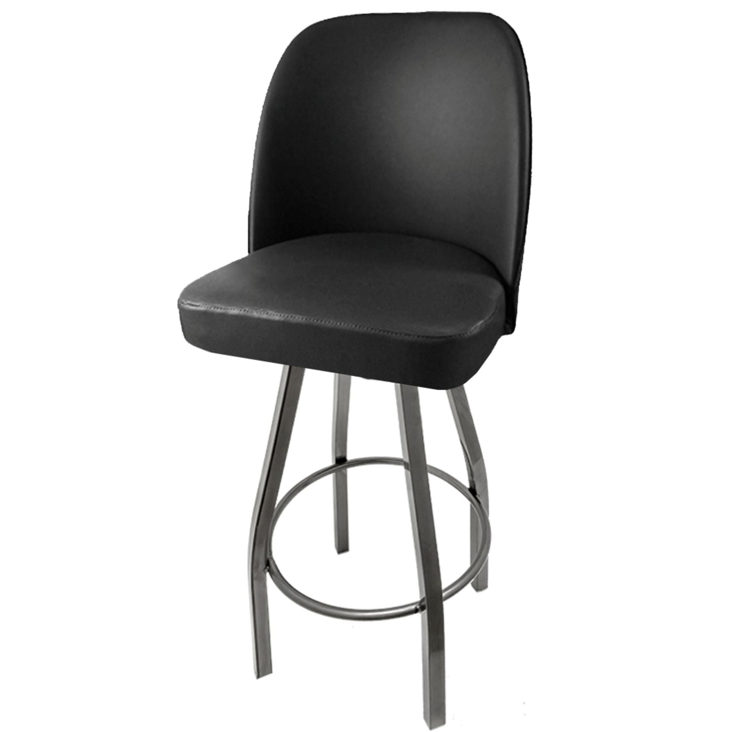 Standard bucket barstool with clear coat swivel frame and non waterfall black vinyl seat