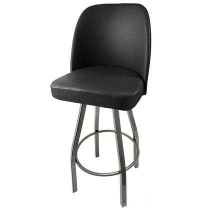Standard bucket barstool with clear coat swivel frame and non waterfall black vinyl seat