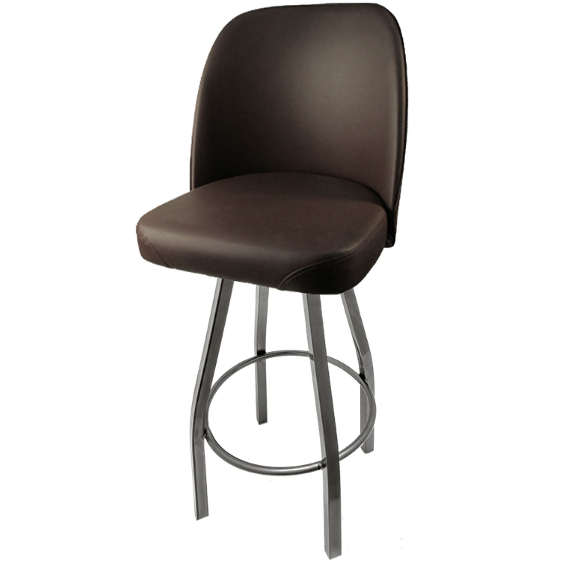 Standard bucket barstool with clear coat swivel frame and espresso vinyl seat