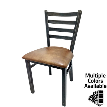 Rustic ladderback metal dining chair with clear coat steel frame and buckskin vinyl seat.