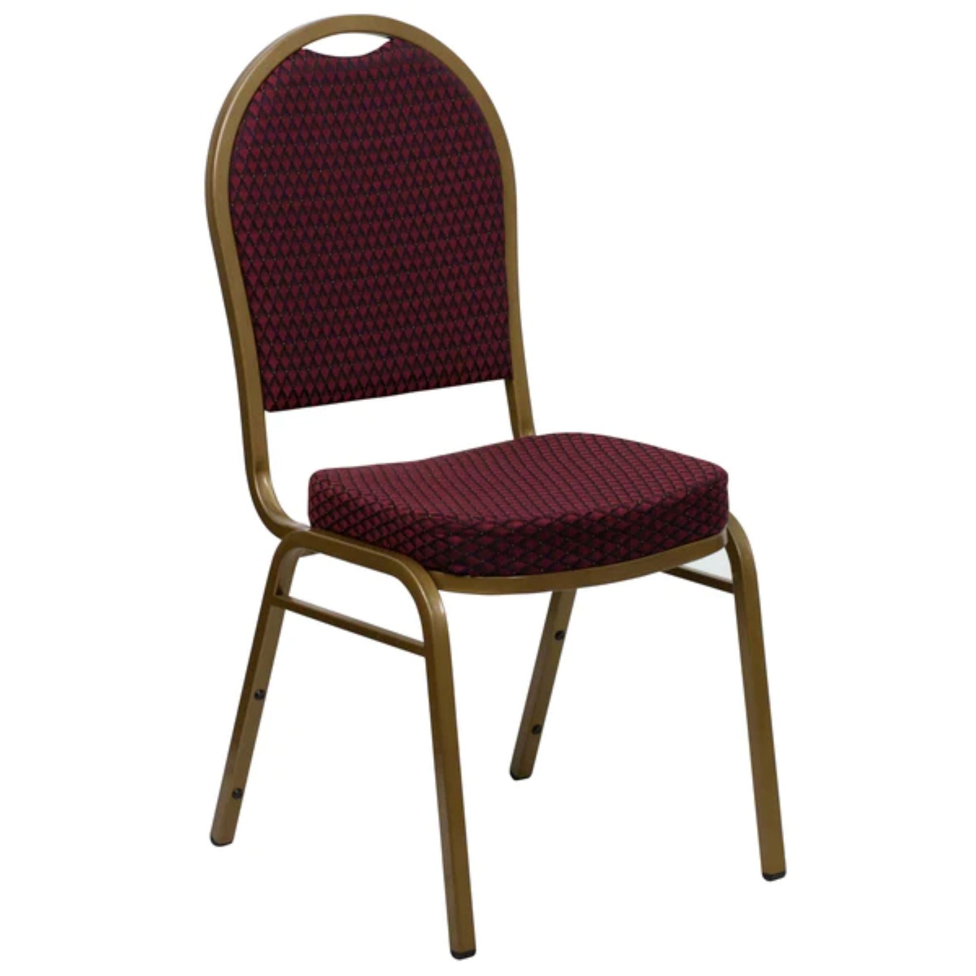 Dome back banquet chair with burgundy patterned fabric upholstery and gold steel frame, front view.