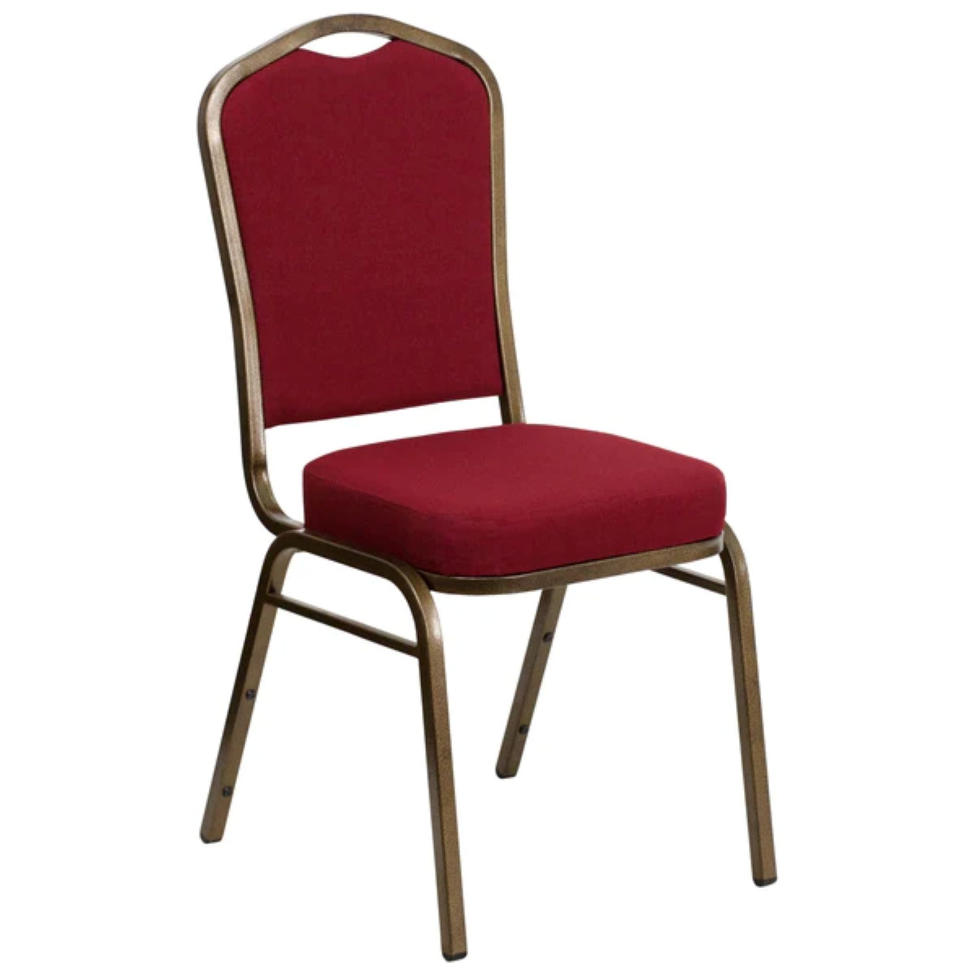 Crown back banquet chair with burgundy fabric upholstery and a gold steel frame.