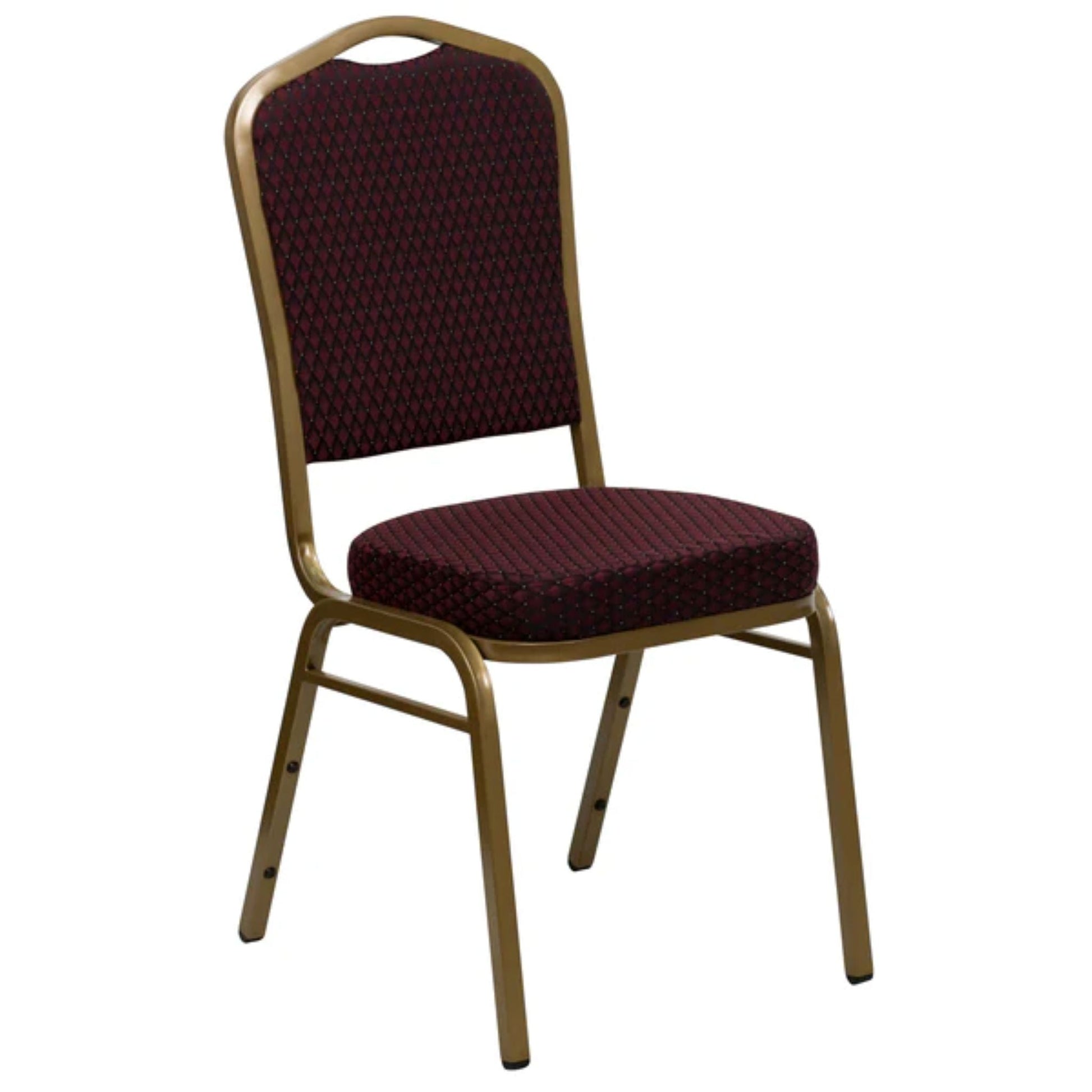 Crown back banquet chair with burgundy patterned fabric upholstery and a gold frame.