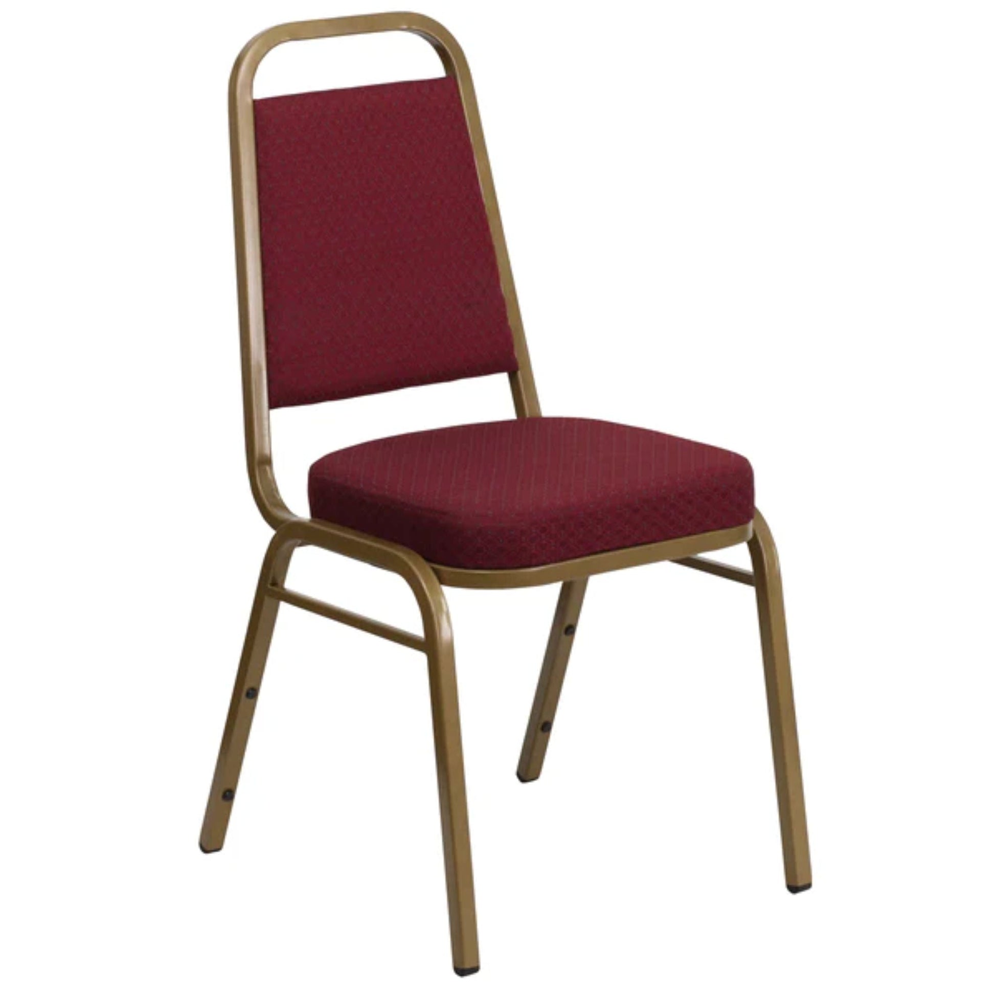 Banquet chair with trapezoidal back, burgundy patterned fabric upholstery, and gold steel frame.