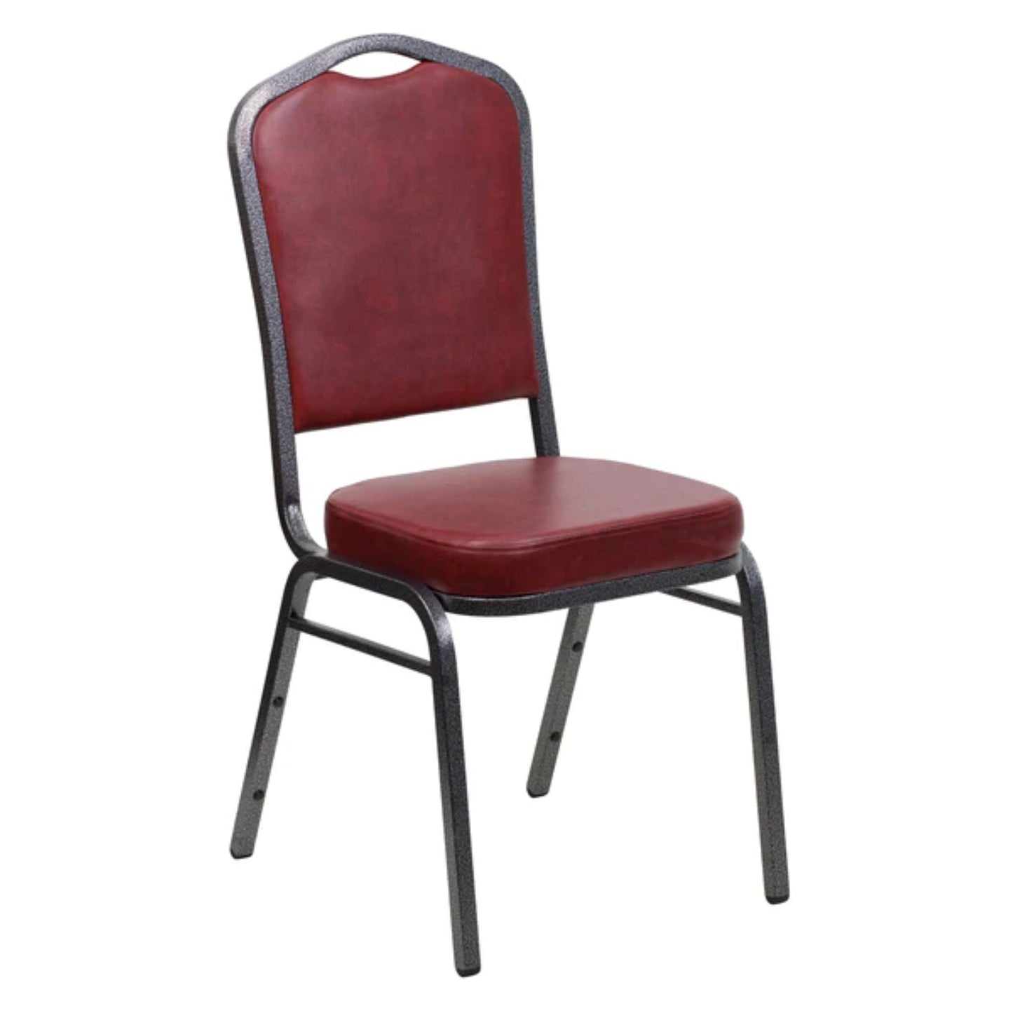 Crown back banquet chair with black vinyl upholstery and a silver steel frame.
