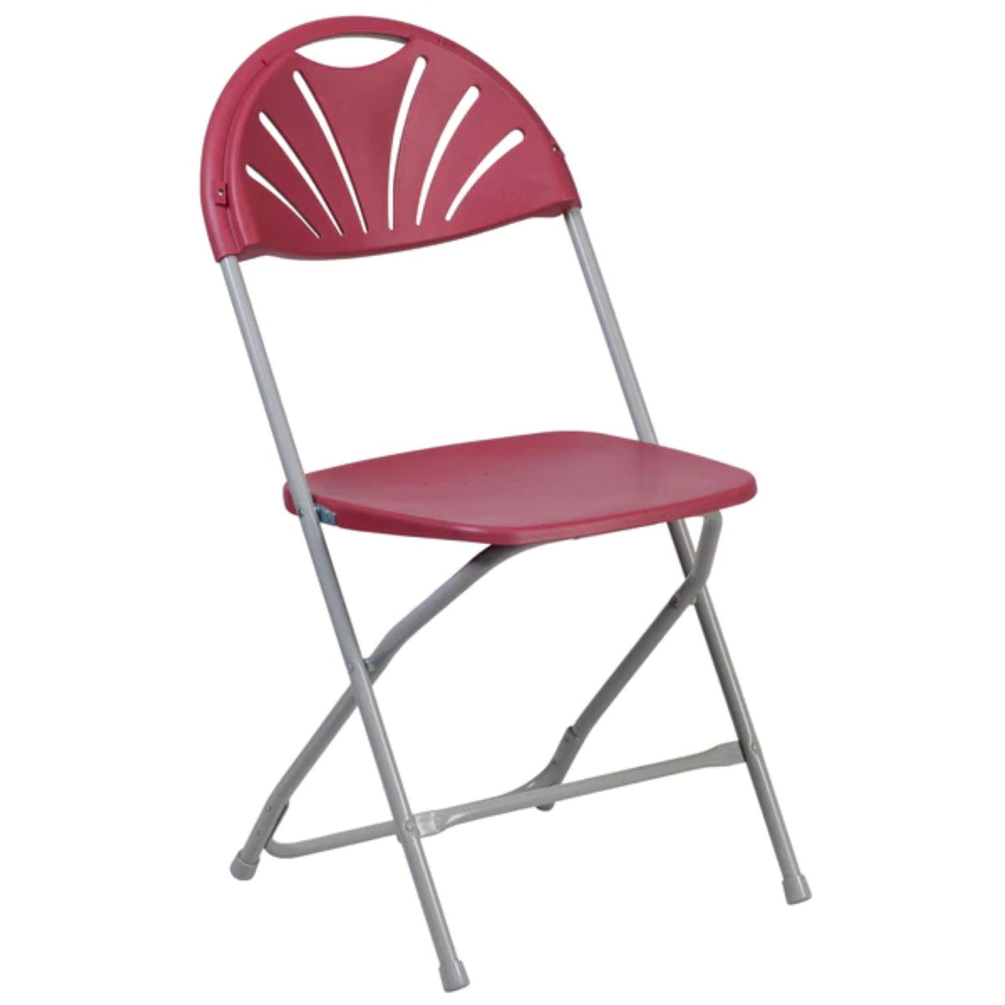 Front view of burgundy fan back folding chair with textured plastic seat and steel frame.