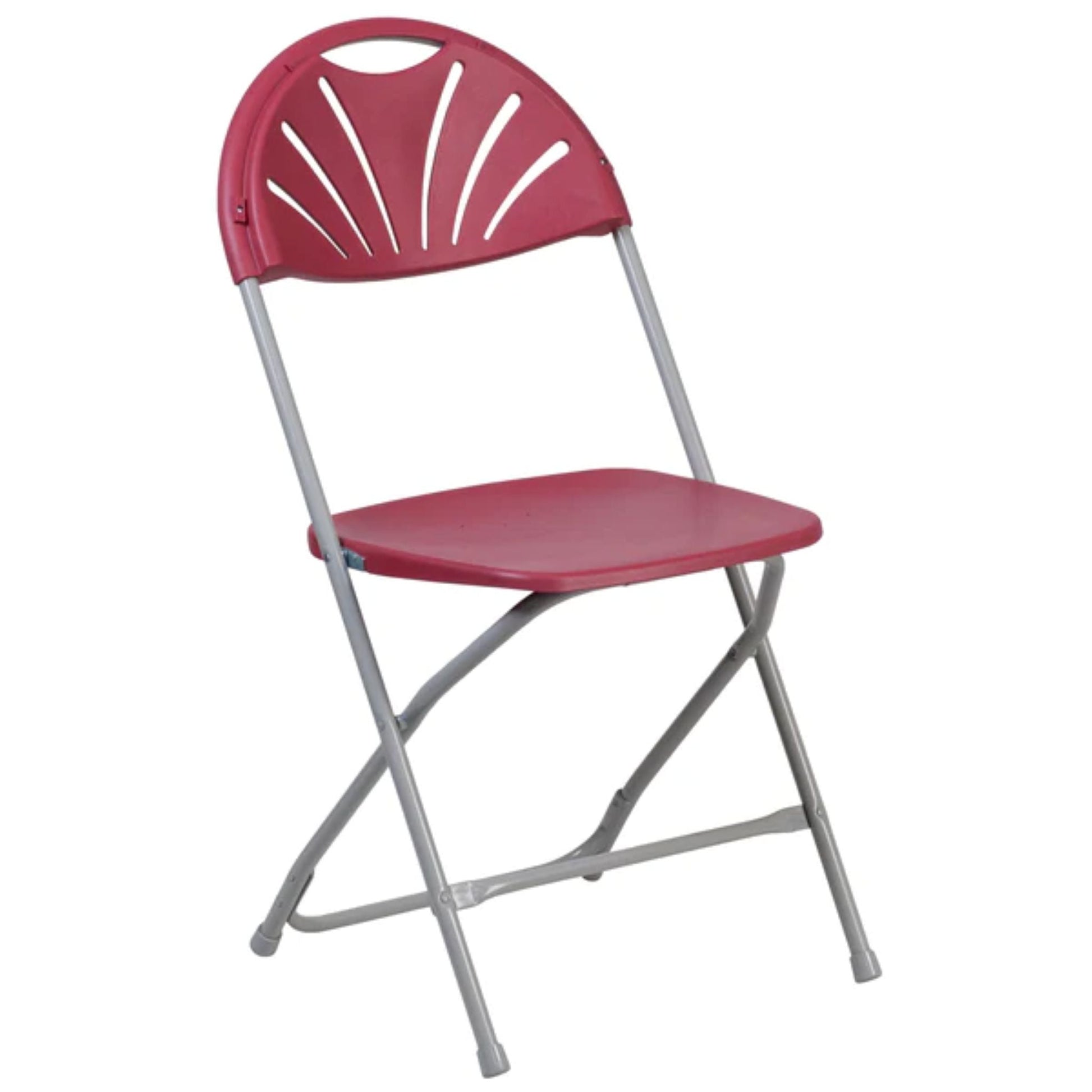 Front view of burgundy fan back folding chair with textured plastic seat and steel frame.