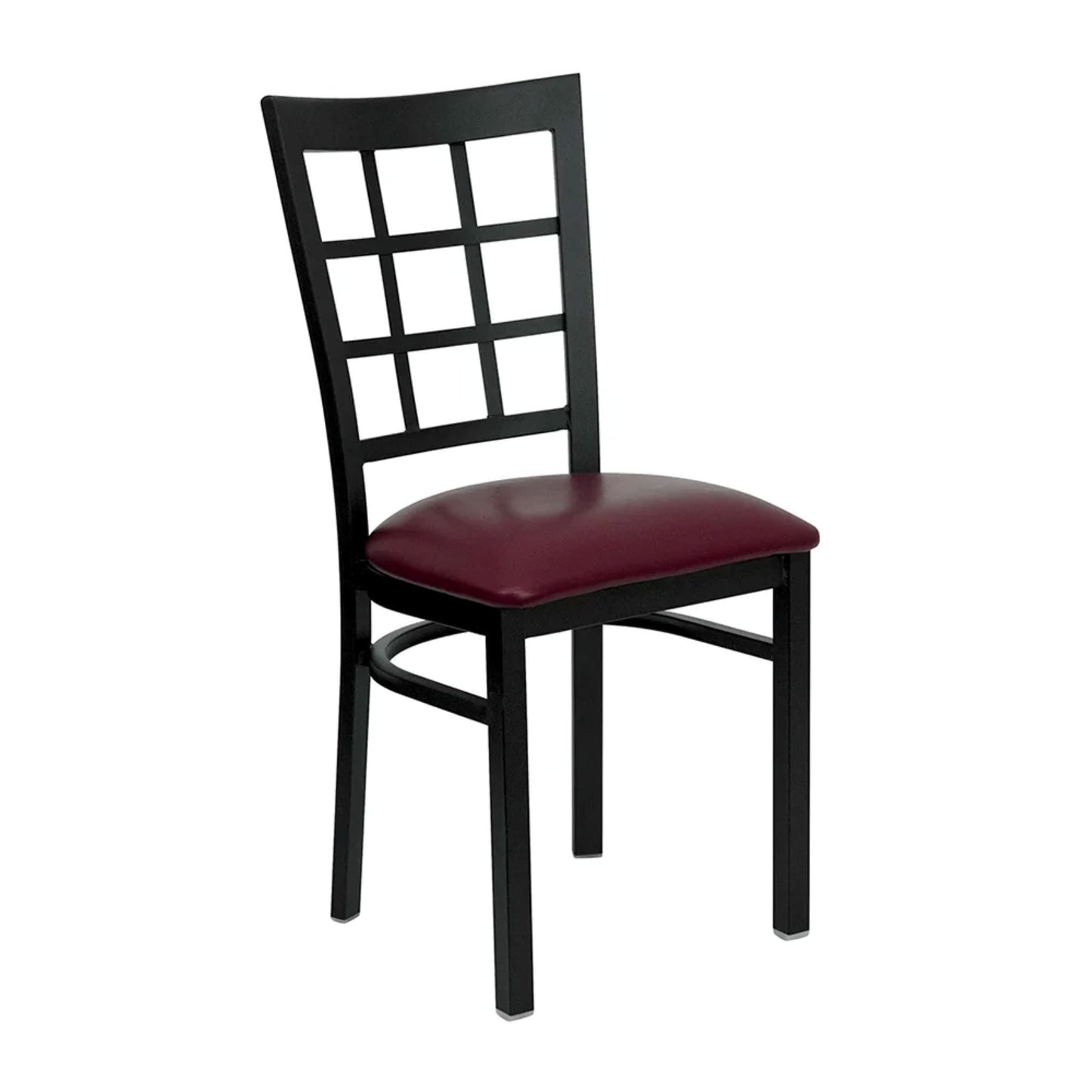 Front view of window pane back restaurant chair featuring a burgundy vinyl seat and black powder-coated steel frame.