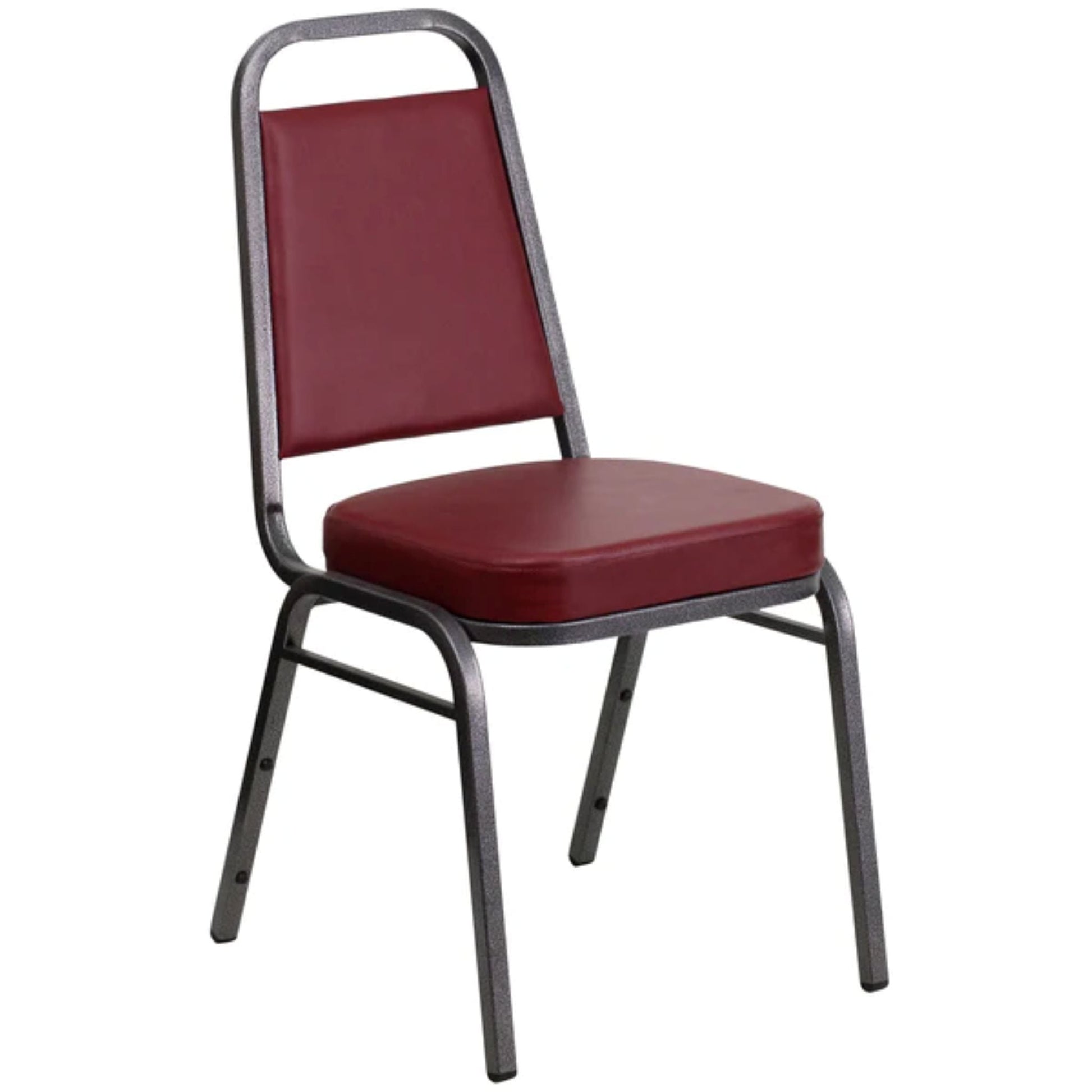 Banquet chair with trapezoidal back, burgundy vinyl upholstery, and silver steel frame