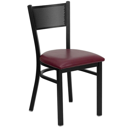 Black steel restaurant chair with grid back design and burgundy vinyl seat, suitable for commercial dining spaces.