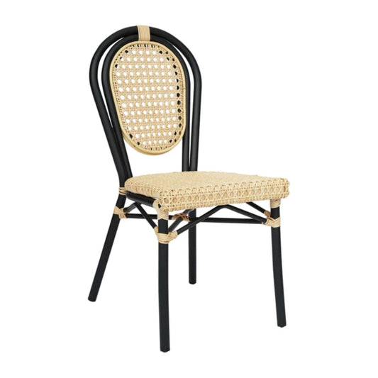 Indoor/outdoor bistro chair with natural PE cane rattan seat and back and black aluminum frame.
