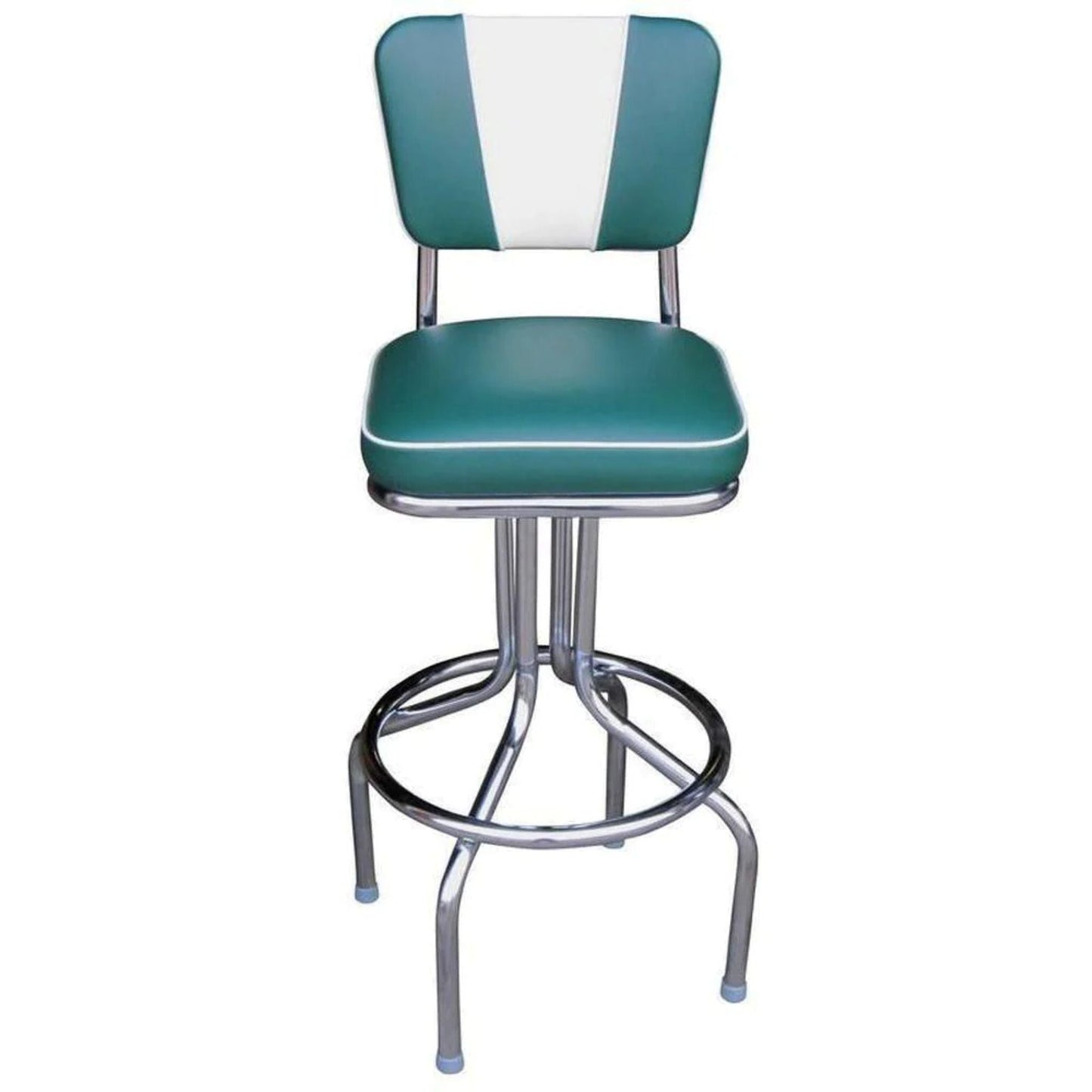 Retro diner bar stool with teal and white upholstered back and chrome swivel base