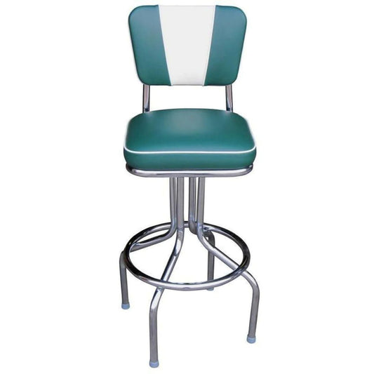 Retro diner bar stool with teal and white upholstered back and chrome swivel base