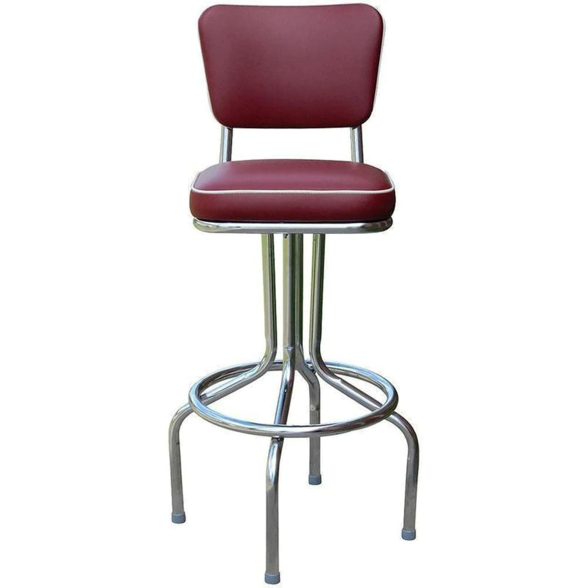 Retro diner bar stool with burgundy upholstered back and seat with white trim. chrome swivel base
